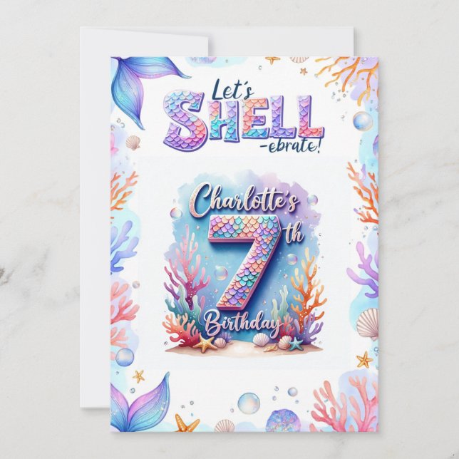 Mermaid Birthday Invitation Personalised  Name Age (Front)