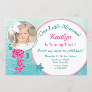 Mermaid Birthday Invitation Pink Girl Glitter