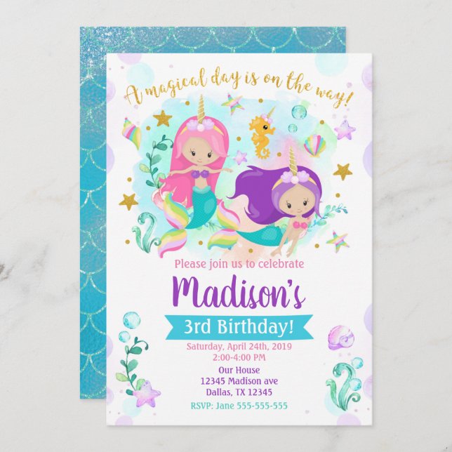 Mermaid Birthday Invitation / Swimming Pool Party (Front/Back)