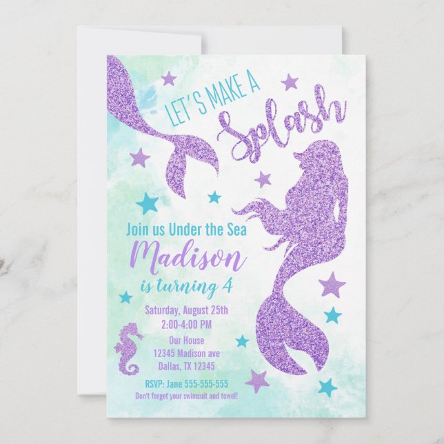 Mermaid Birthday Invitation Teal and Purple (Front)