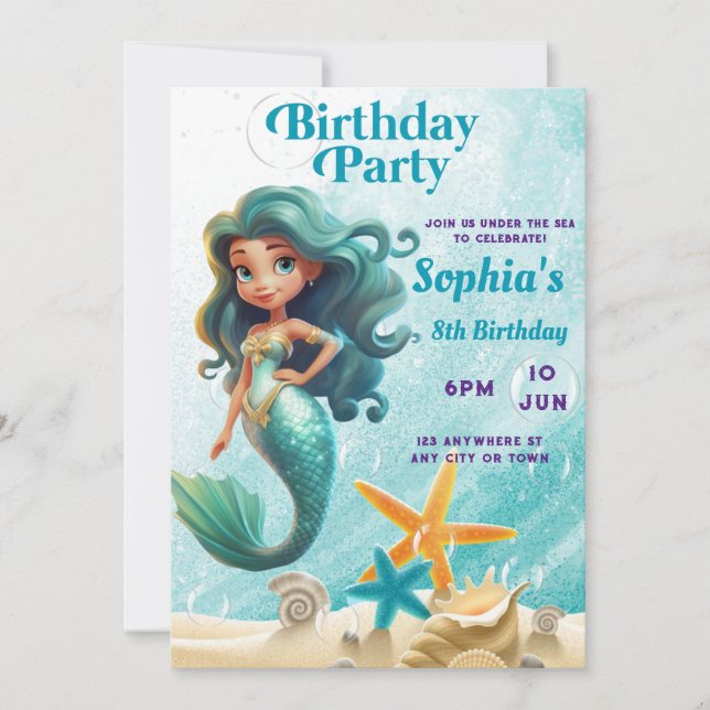 Mermaid Birthday Invitation, Under the Sea Invite (Front)
