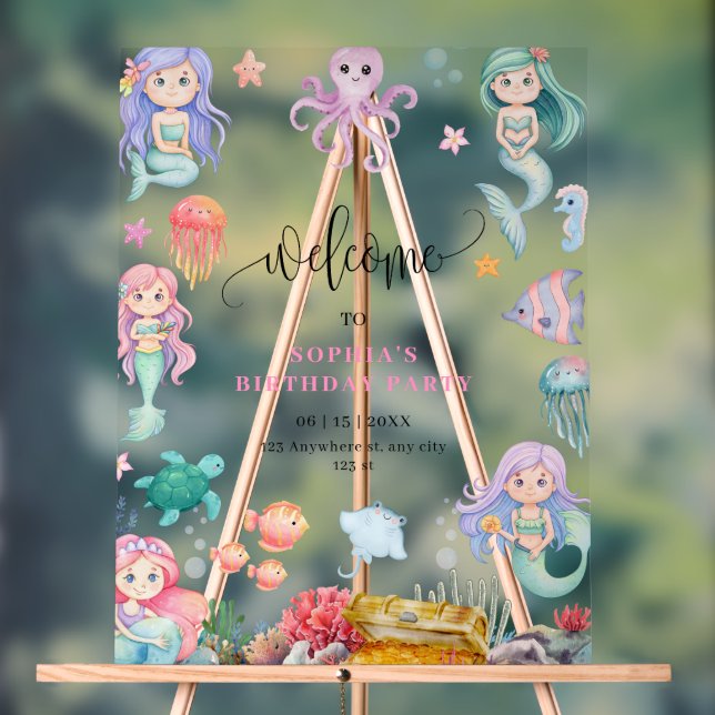 Mermaid Birthday Invitation, Under the Sea Mermaid Acrylic Sign (Neutral)