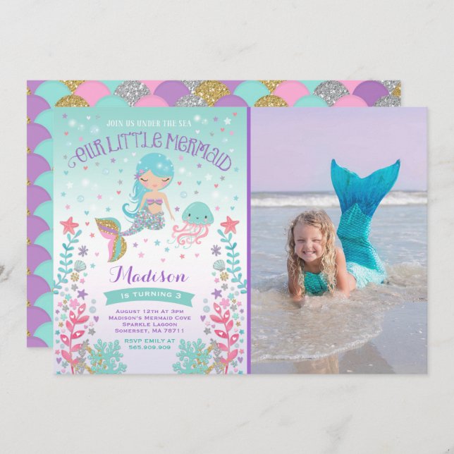 Mermaid Birthday Invitation Under The Sea Party (Front/Back)