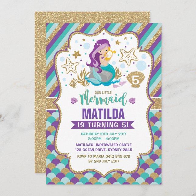 Mermaid Birthday Invitation Under the Sea Party (Front/Back)