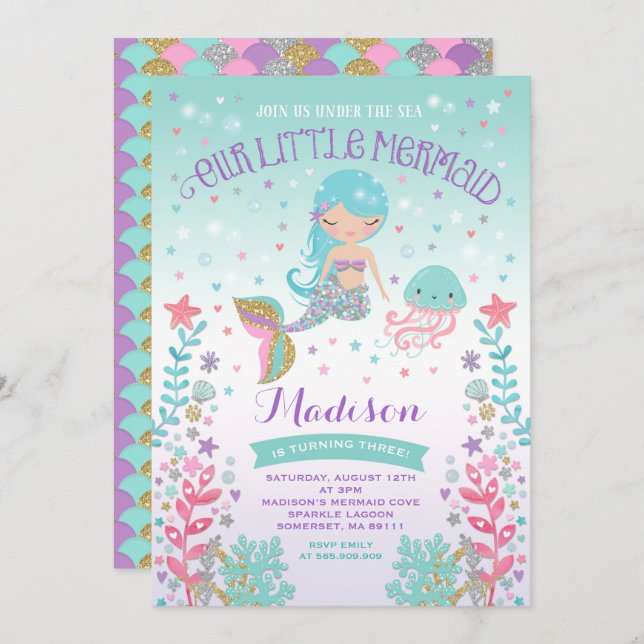 Mermaid Birthday Invitation Under The Sea Party (Front/Back)