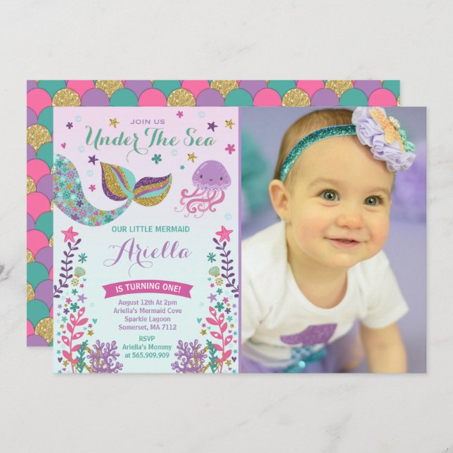 Mermaid Birthday Invitation Under The Sea Party (Front/Back)
