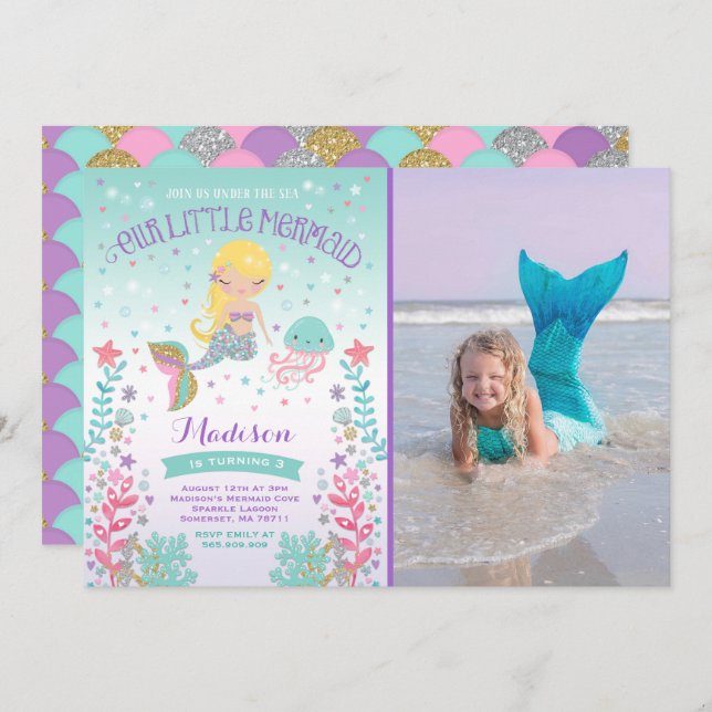 Mermaid Birthday Invitation Under The Sea Party (Front/Back)