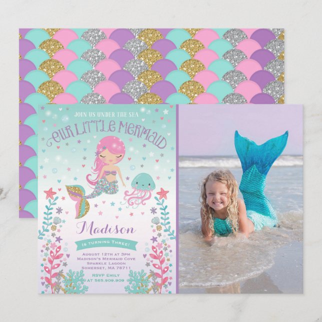 Mermaid Birthday Invitation Under The Sea Party (Front/Back)
