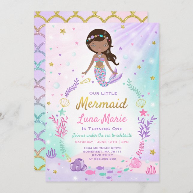 Mermaid Birthday Invitation Under The Sea Party (Front/Back)
