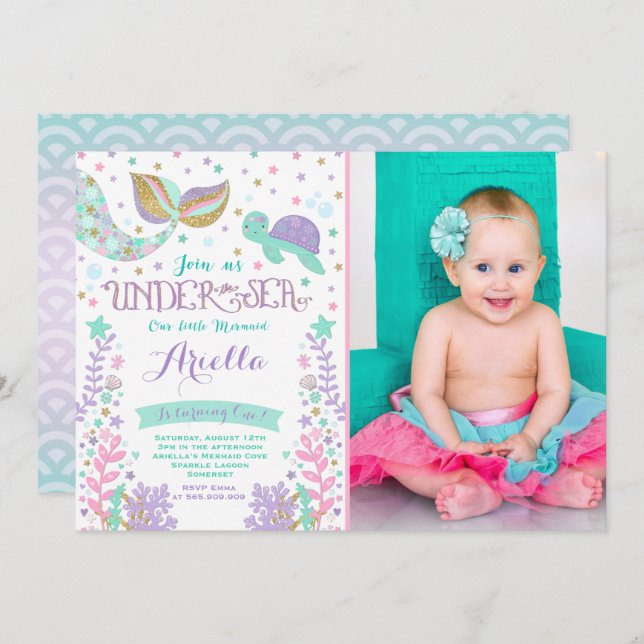 Mermaid Birthday Invitation Under The Sea Party (Front/Back)