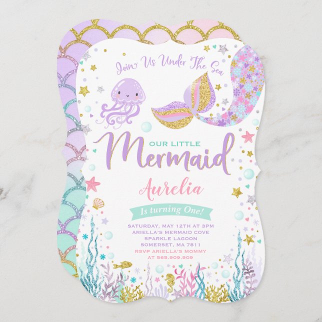 Mermaid Birthday Invitation Under The Sea Party (Front/Back)