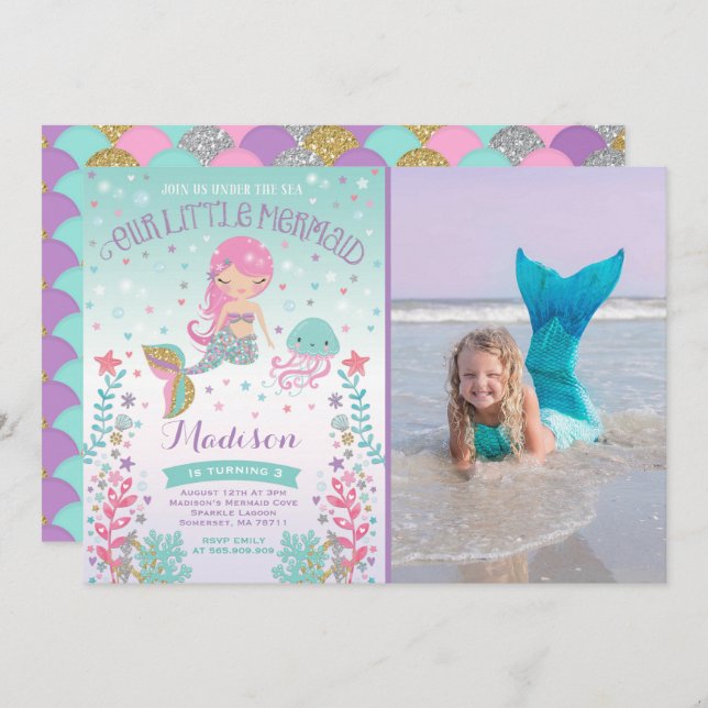 Mermaid Birthday Invitation Under The Sea Party (Front/Back)