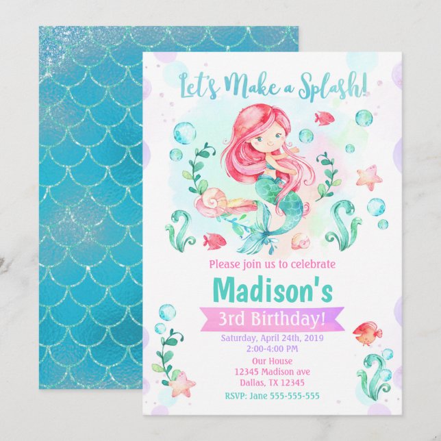 Mermaid Birthday Invitation / Under the Sea Party (Front/Back)