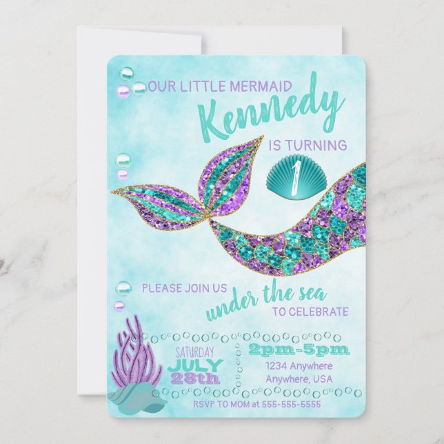 Mermaid Birthday Invitation, Under the Sea Party Invitation (Front)