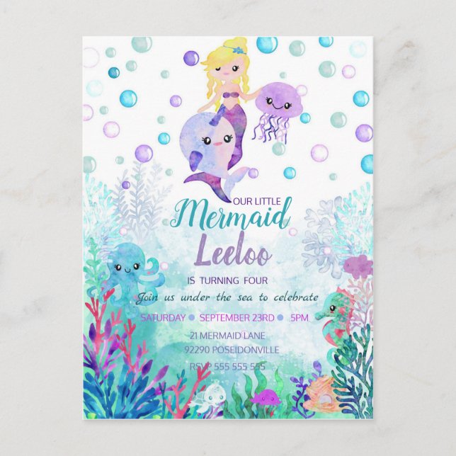 Mermaid Birthday Invitation Under the sea party Postcard (Front)