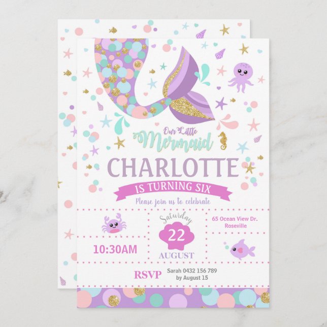 Mermaid Birthday Invitations Mermaid Pool Party (Front/Back)