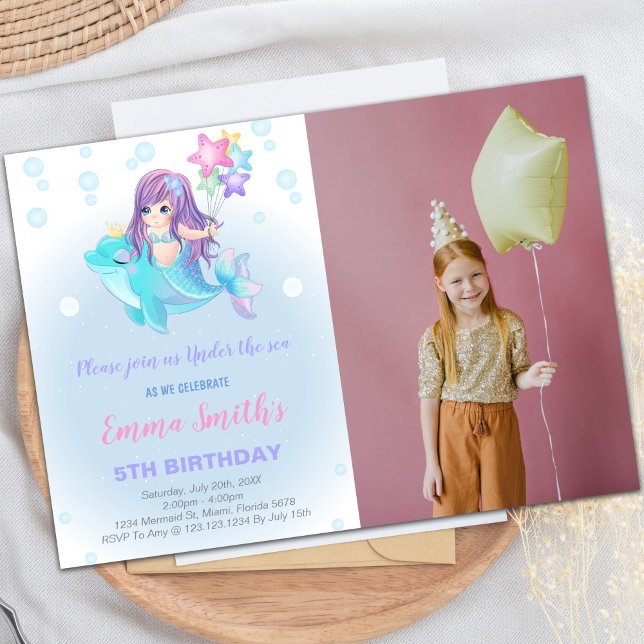 Mermaid Birthday Invitations with Dolphin & Photo (Mermaid Birthday Invitations with dolphin w photo)
