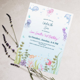 Mermaid Birthday Kids Colourful Ocean Animals Part Invitation