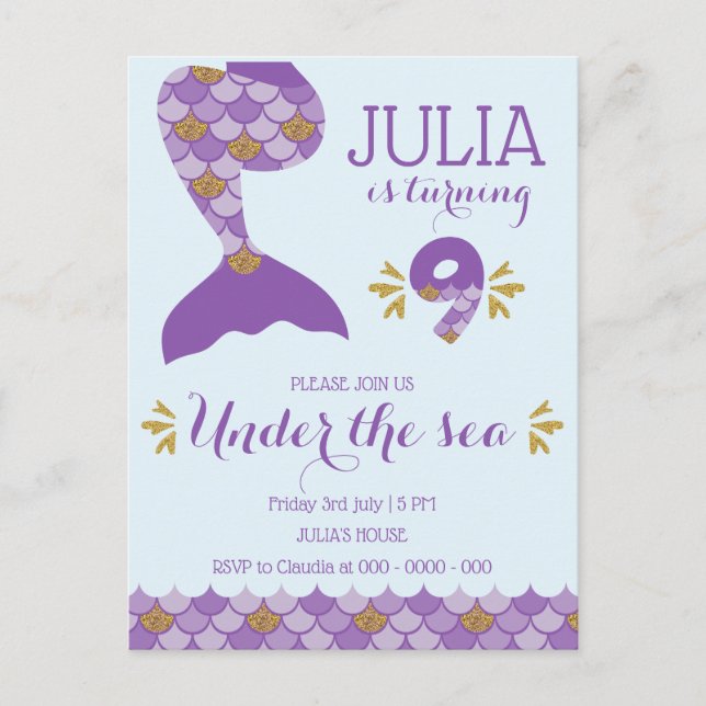 Mermaid Birthday Mermaid Number 9 Invitation Postcard (Front)