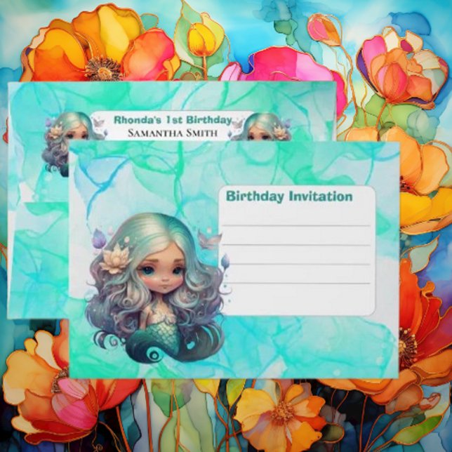 Mermaid Birthday Ocean Blue  Envelope (Mermaid Party Supplies are sure to go down with a splash! )