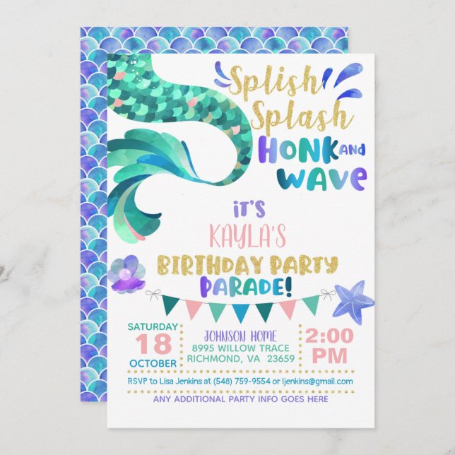 Mermaid Birthday Parade Invitation (Front/Back)