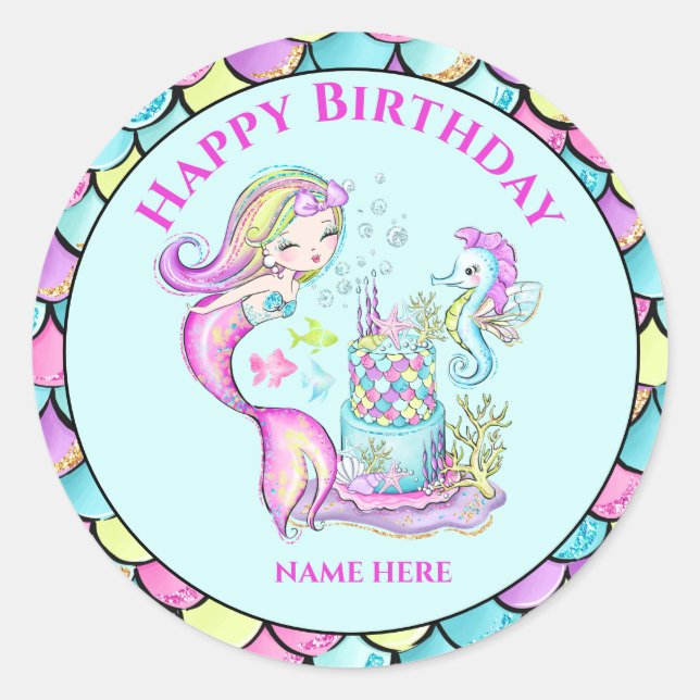 Mermaid Birthday Party Customisable Stickers (Front)
