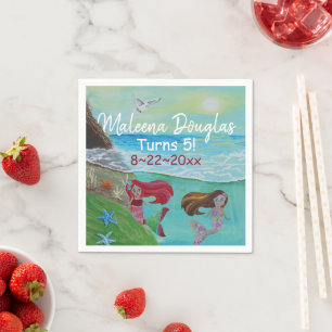 Mermaid Birthday Party, Cute Red Turquoise Ocean Napkin