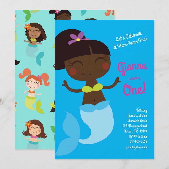 Mermaid Birthday Party Dark Skin Black Asian Invitation (Front/Back)