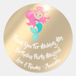Mermaid Birthday Party Favour Pink Spark Gold Classic Round Sticker