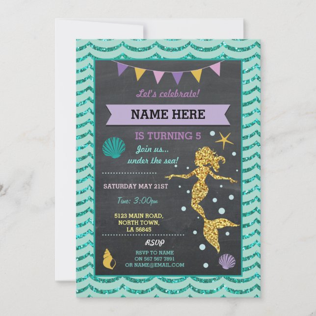 Mermaid Birthday Party Gold Glitter Sea Invitation (Front)