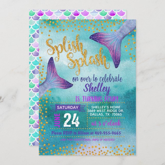 Mermaid Birthday Party Invitation (Front/Back)