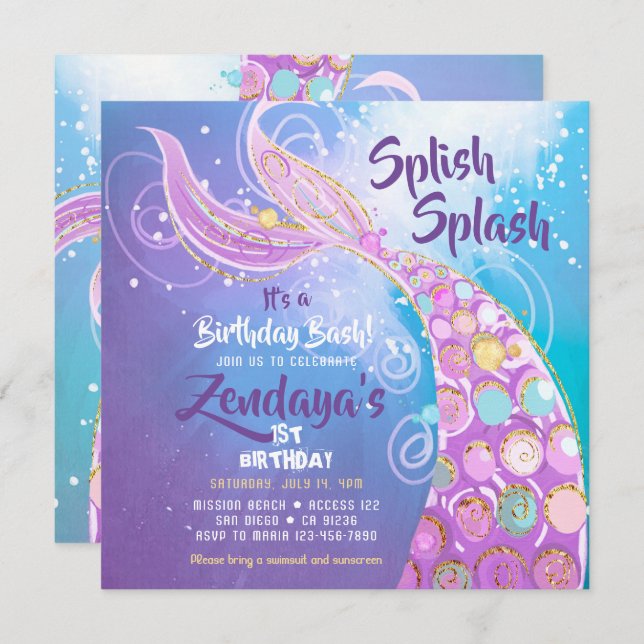 Mermaid Birthday Party Invitation (Front/Back)