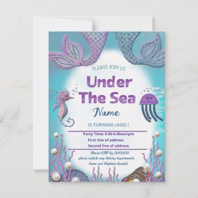 Mermaid birthday party invitation for girls swim (Front)
