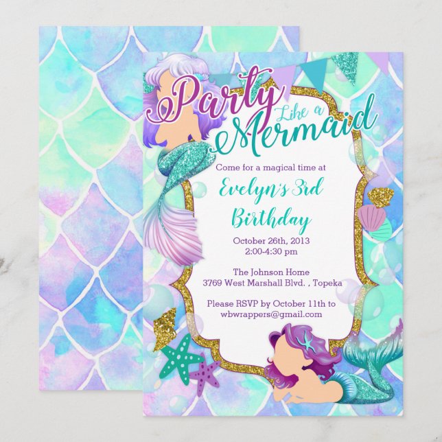 Mermaid Birthday Party Invitation - Glitter Glam (Front/Back)