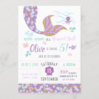 Mermaid Birthday Party Invitation Purple & Gold