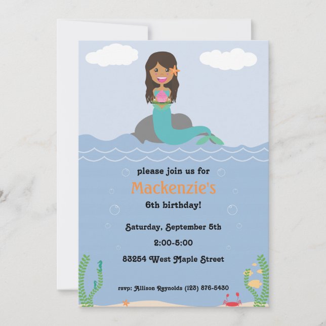 Mermaid Birthday Party Invitation - Tan/Dark Brown (Front)