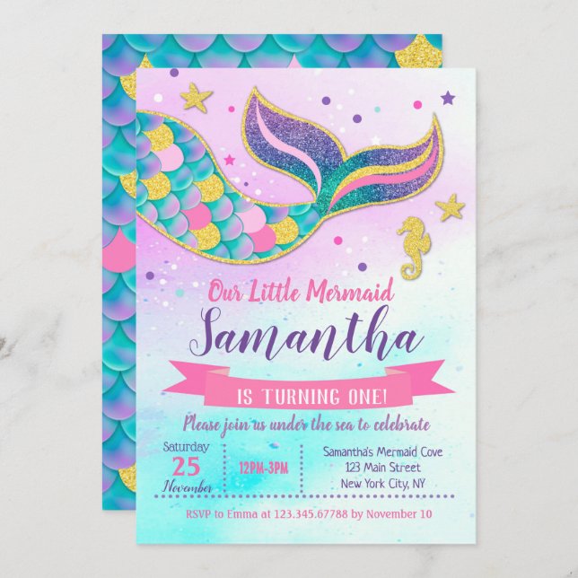 Mermaid Birthday Party Invitations (Front/Back)