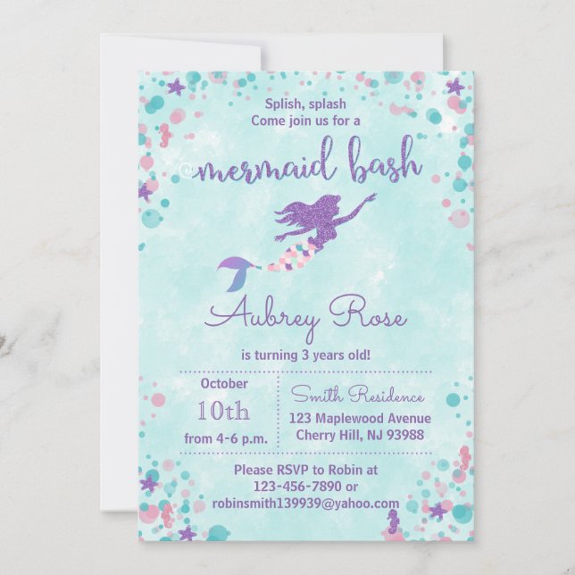 Mermaid Birthday Party Invitations - Mermaid Bash (Front)