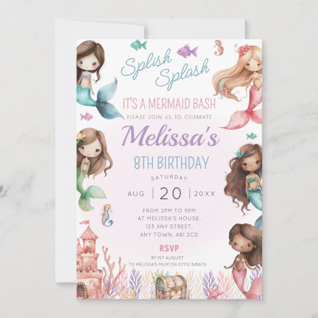 Mermaid Birthday Party Invite Splish Splash Bash (Front)