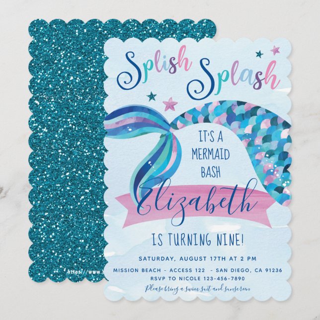 Mermaid Birthday Party Invites (Front/Back)