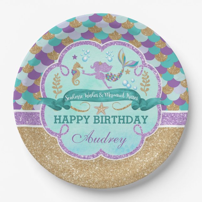 Mermaid Birthday Party Personalised Paper Plate (Front)