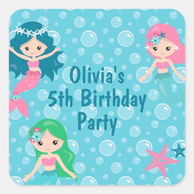 Mermaid Birthday Party Personalised Square Sticker (Front)