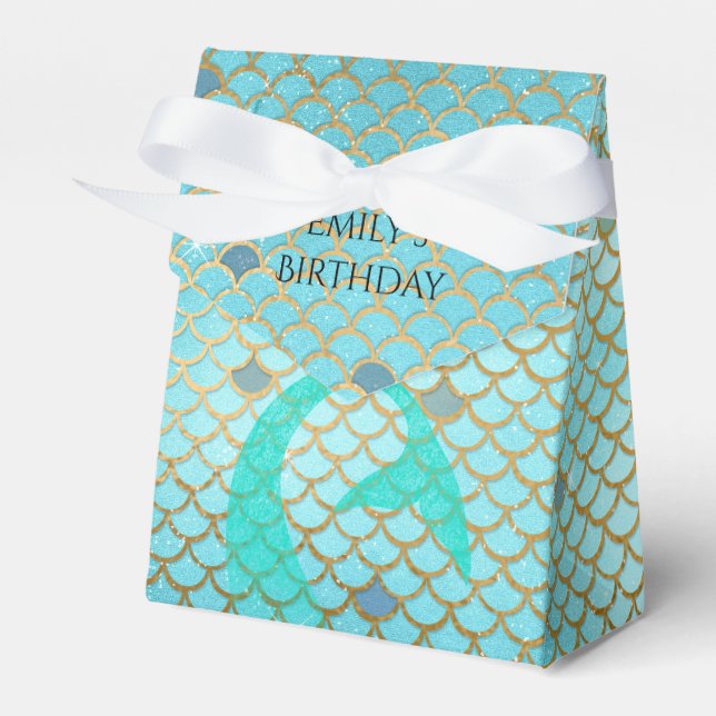 Mermaid Birthday Party Personalised Teal Gold Favour Box (Front Side)