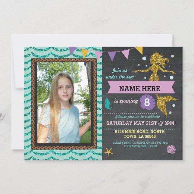 Mermaid Birthday Party Photo Gold Glitter Invite (Front)