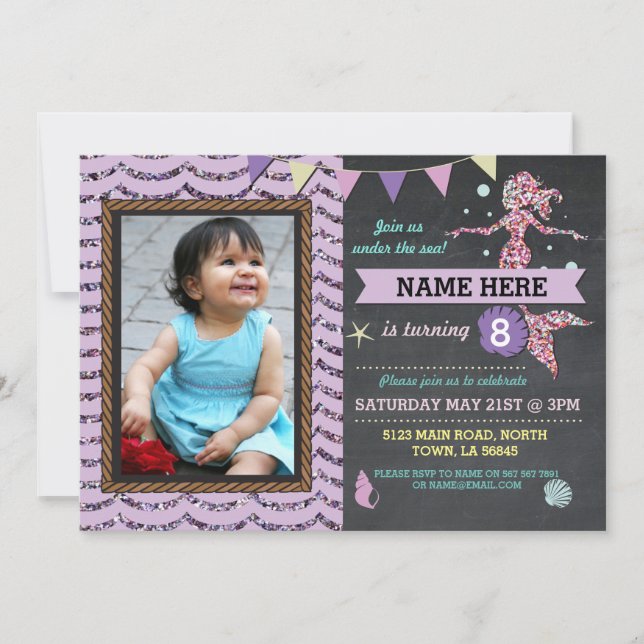 Mermaid Birthday Party Photo Purple Glitter Invite (Front)