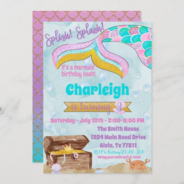 Mermaid Birthday Party Pool Party Initiation  Invitation (Front/Back)