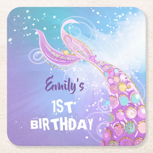 Mermaid Birthday Party Square Paper Coaster (Front)