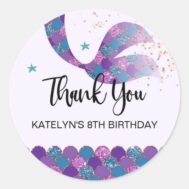 Mermaid Birthday Party Stickers Purple and Teal (Front)