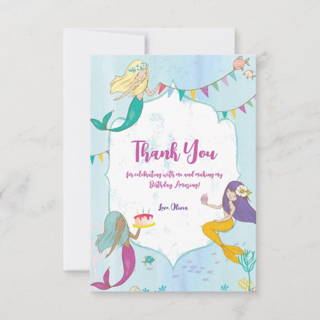 Mermaid Birthday Party  Thank You Card (Front)