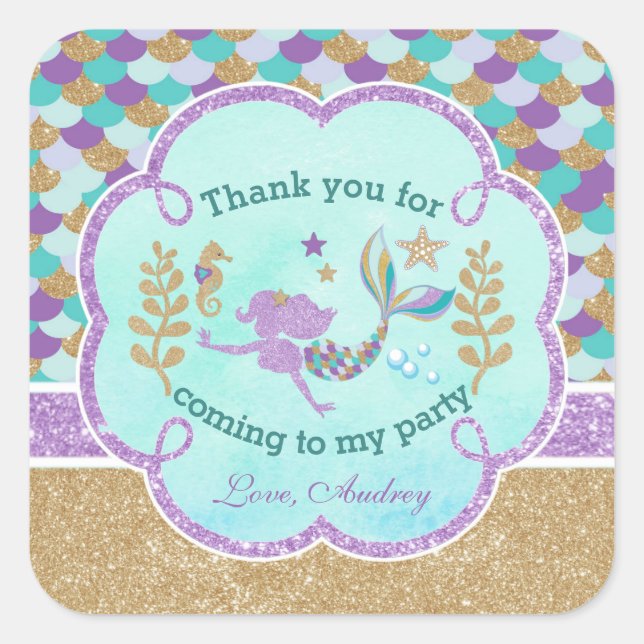 Mermaid Birthday Party Thank you Favour Sticker (Front)